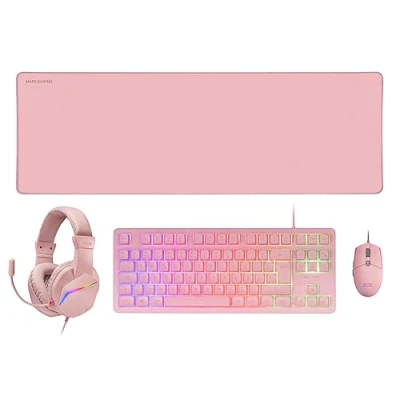 Image de Mars Gaming MCP RGB3, Ensemble Clavier Fixe RGB + Souris Flow 3200 DPI Casque Over Ear Tapis de XXL, Rose, Langue Espagnole
