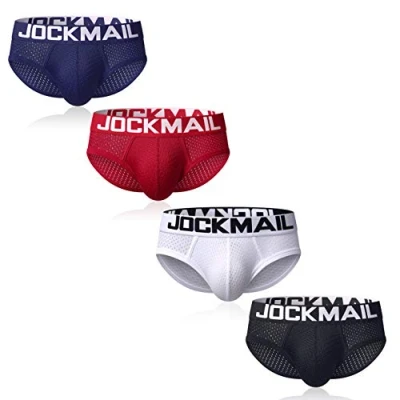 Image de JOCKMAIL Lot de 4 slips en maille pour homme Taille basse Confortables et souples, Rouge + noir bleu marine blanc., M