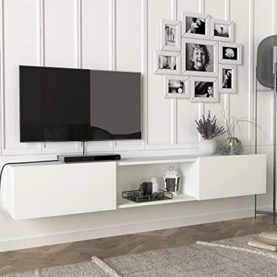 Image de [en.casa] Meuble TV Support Télé avec Compartiments Fermés et Ouverts Banc Télévision Espace de Rangement Stockage pour Console Jeux Panneau Particules 180 x 31 29,5 cm Blanc