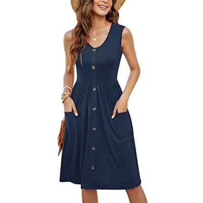 Image de MOLERANI Robe Patineuse mi Longue boutonnée à Manches Courtes et col en V pour Femme avec Poches (Bleu Marine, L Size)