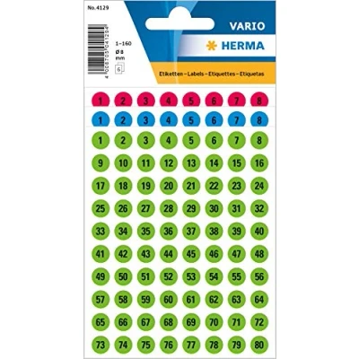 Image de HERMA 4129 Lot de 480 autocollants numérotés noirs 1 à 160, ronds, Ø 8 mm, autocollants, petits, mats, chiffres adhésifs, numéros maison, en papier coller, multicolores