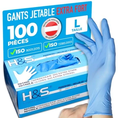 Image de Gants nitrile jetables non poudrés H&amp;S EXTRA STRONG (100 pièces), S Small M Medium L Large XL X Large, sans latex, convient pour aliments, dermophile et bien tolérée (bleu, L)