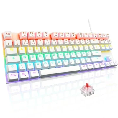 Image de The G Lab Keyz Mercury TKL Clavier Mécanique Gamer 87 Touches Filaire USB AZERTY Français, Rétro Éclairage LED Multicolore Gaming Compact sans Pavé Numérique PC/PS4/PS5/Xbox Nouveau 2022, Blanc