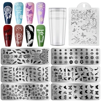 Image de Ebanku Nail Art Stamping Set Ensemble de modèles, 6 plaques à emboutir avec un tampon ongles et 1 grattoir ongles, outils d&#039;impression manucure florale pour les conceptions