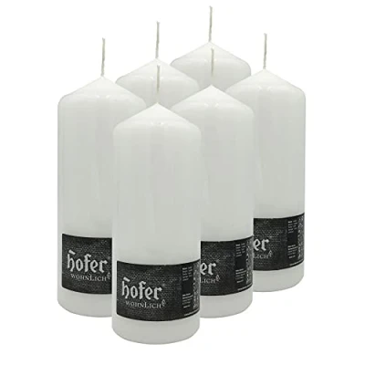 Image de Hofer Bougie Piliers Cylindre Lot de 6 Bougies 80 x 200 mm Couleur Blanche Longue Durée Combustion : heures Sans Gouttes, Fumée, Non Parfumée 2 Paquets 3 Unités Qualité UE