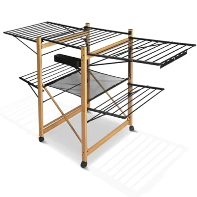 Image de vounot Séchoir à Linge Deluxe Grande Capacité avec roulettes et Maille Etendoir Extensible Pliable Multifonction Imitation Bois 30m de Séchage pour Usage Intérieur 180x105x61cm Noir