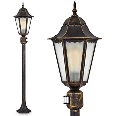 Image de lampe d&#039;extérieur Hongkong Frost, détecteur de mouvement, lampadaire en look antique, fonte d&#039;aluminium, noir/or, vitres verre dépoli, d&#039;allée, jardin rétro, E27, IP44, sans ampoules