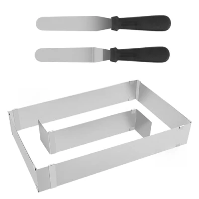 Image de Cadre Patisserie Rectangulaire, Extensible Moule Carré, Rectangulaire en Acier Inoxydable, avec 2 Spatule, de Cuisson pour Mousse Dessert,Gâteaux