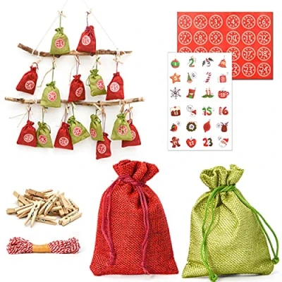 Image de DuneDesign Calendrier de l&#039;Avent à Remplir Soi même 24 Pochettes Cadeaux en Tissu DIY Kit Noël (Noir, Beige, Marron)