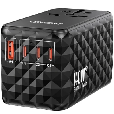 Image de LENCENT Adaptateur de Voyage International 140W avec 1 USB A et 3 C PD Charge Rapide pour Téléphones Ordinateurs Portables, Universel Tout en Un UK,EU,AU,US, Blanc