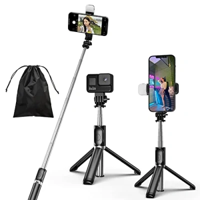 Image de Eono Perche Selfie avec Lumière, 4 en 1 Stick Trépied Monopode Réglable Télescopique Télécommande Amovible Compatible iPhone et Android Gopro Camera