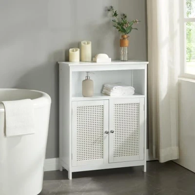 Image de [en.casa] Armoire Basse de Salle Bain avec 2 Portes Compartiment Rangement Ouvert et Étagères MDF PVC Effet Rotin 80 x 60 28 cm Blanc