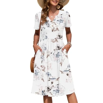 Image de AUSELILY Robe Femme d&#039;été à Manches Courtes Longueur Genou Col en V avec Boutons Robes Mi Longue Style Empire Poches Blanc de Fleur XXL