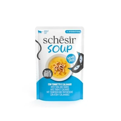 Image de Schesir, Soupe aux Filets de Thon et calamars, Nourriture Humide complémentaire pour Chats, Recette Originale, 100% Naturelle, 12 enveloppes 40 g