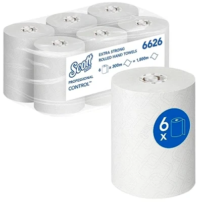 Image de Essuie mains roulés extra résistants Scott Control 6626 en papier 6 x rouleaux de 300 m d&#039;essuie blanc (1 800 au total)