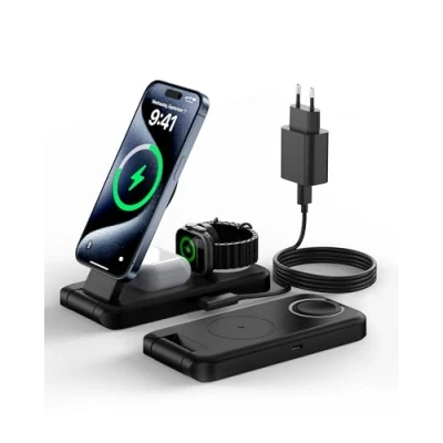 Image de Chargeur sans Fil Pliable 3 en 1, 15 W Mag Safe Station de Charge inductive pour iPhone 15/14/13/12, Apple Watch et AirPods, avec Adaptateur USB C (Noir)