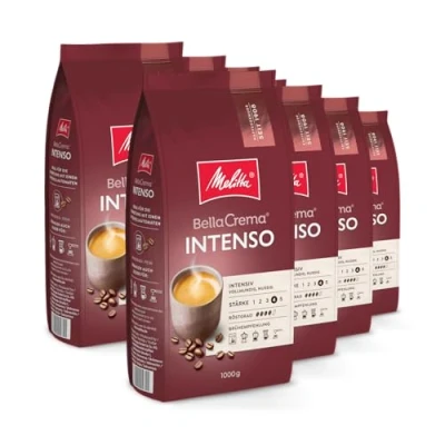 Image de Lot de 8 paquets grains café entiers, Melitta BellaCrema Intenso, 1 kg, non moulus, pour machine à automatique, torréfaction forte, torréfiés en Allemagne, intensité 4, dans un plateau.