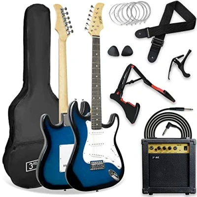 Image de 3rd Avenue XF Pack Ultime Guitare Électrique 4/4 Taille Standard avec Ampli 10 W, Jack, Stand, Housse, Sangle, Jeu de Cordes Rechange, Médiators et Capodastre Bleu