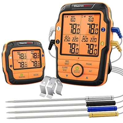 Image de ThermoPro TP27 Thermomètre de Cuisson Numérique à Distance avec 4 Sondes Minuterie et Température Préréglée pour Les Aliments Viande Four Fumoir BBQ