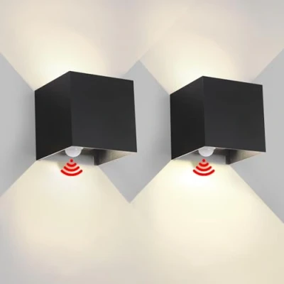 Image de 2 Pack Applique Murale Exterieur Interieur Lumière Avec Dètecteur de Mouvement LED Lampe Extèrieures IP65 Étanche Noir 6W 4000K carrèe en aluminium Règlage l&#039;angle d&#039;èclairage