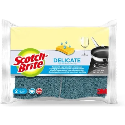 Image de Scotch Brite Delicate Éponge à Récurer en Cellulose non Rayante, 2 Pièces Tampon Très Absorbant Indiqué pour les Tâches de Nettoyage Quotidiennes, Bleu Anti rayures