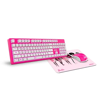 Image de KROM Kit Clavier, Souris et Tapis de Barbie Kandy Clavier à Membrane LED Blanche, 6400 DPI, en Caoutchouc Souple résistant, US, Rose
