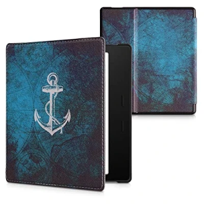Image de kwmobile Étui Compatible avec Amazon Kindle Oasis 10. Generation Coque à Rabat magnétique Tablette eReader Similicuir Blanc Bleu