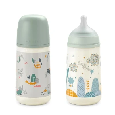 Image de Suavinex, Lot 2 Biberons 270 ml. Biberon Avec Tétine Symétrique SX Pro en Silicone à Débit Moyen (M). Valve Anti Colique. Fin Ultra Doux. Pour Bébés, +3 Mois, Vert et Bleu