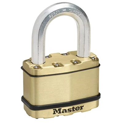 Image de MASTER LOCK Cadenas Haute Sécurité [A Clé] [Acier Laminé + Finition Laiton] [Extérieur] [Anse M] M15BEURDLF Idéal pour les remises, garages, clôtures et portails