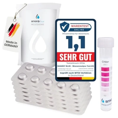 Image de SMARDY 80x Comprimés de Test Rapide 40x Phenol Red (Valeur pH) et DPD1 (Chlore Libre) avec 1x Testeur en Plastique, Analyse la Qualité l&#039;eau pour Piscine d&#039;Aquarium d&#039;eau Potable