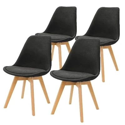 Image de ML Design Lot de 4 Chaises Salle à Manger avec Dossier, Noir, Pieds en Bois Hêtre, Assise Lin, Chaise Rembourrée Rétro Scandinave, Cuisine Salon Ergonomique pour Table