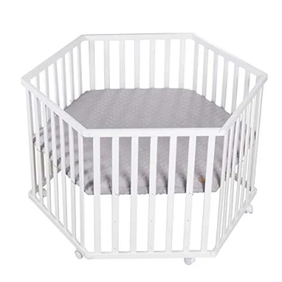 Image de roba Parc Bébé Hexagonal en Bois + Tapis de Style Gris Base Ajustable Hauteur sur 3 Niveaux 6 Roulettes avec Freins Laqué Blanc