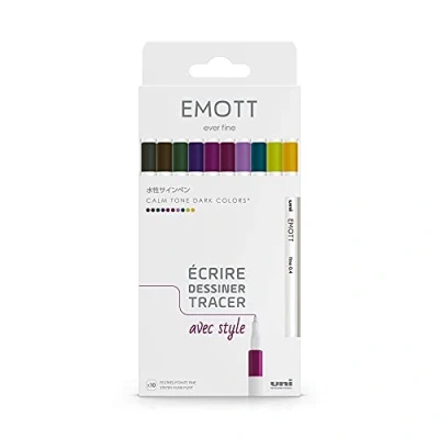 Image de Uni ball Emott Mitsubishi Pencil 10 Feutres Calm Tone Dark Colors Écrire, Dessiner, Tracer 0,4mm Améthyste, Bleu Vert, Orchidée, Gris, Jaune, Marron, Lie de Vin, Kaki, Pomme, Violet
