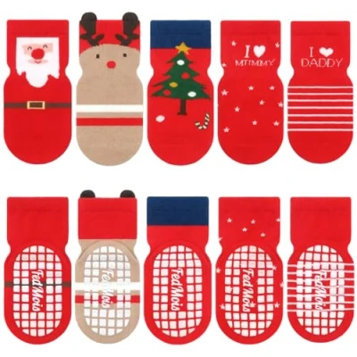 Image de FedMois 5 Paires Chaussettes Antidérapantes en Coton Bébé Enfant Motif Animaux, Noël, 0 1 an