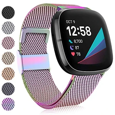 Image de Faliogo Compatible avec Fitbit Versa 3 Bracelet/Fitbit Sense Bracelet, Bracelet de Remplacement Métal en Acier Inoxydable Serrure Magnétique pour 3/Fitbit Sense, Grand Coloré