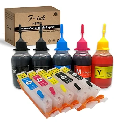 Image de F INK Cartouche d&#039;encre rechargeable et 5 flacons de 50 ml compatibles avec Canon PGI 580XXL CLI 581XXL ou couleurs PGBK BK C M Y