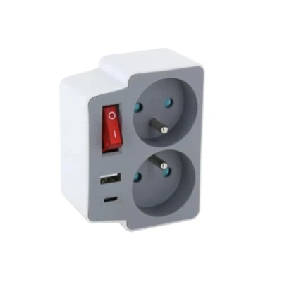 Image de Biplite Domino 2X16A + 1xUSB A C avec interrupteur gris/blanc