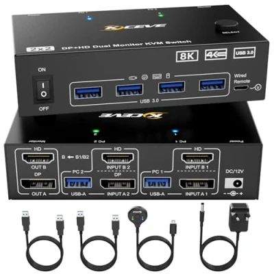 Image de Commutateur KVM 2 PC moniteurs 8K, DisplayPort + HDMI USB 3.0 pour deux écrans, prend en charge 8K @ 60Hz, 4K 120Hz ordinateurs qui partagent clavier, souris et moniteur