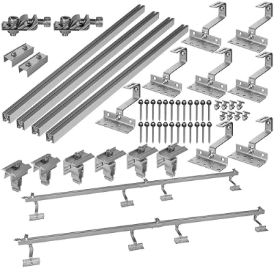 Image de Support solaire pour toit en tuiles Kit de montage 2 panneaux I Lot crochets acier inoxydable 3 fois fixés. Pinces rail aluminium