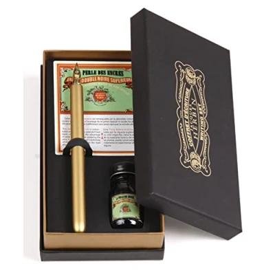 Image de Jacques Herbin 27209T Coffret Perle noire avec 1 porte plume doré, d&#039;écriture (65B) et flacon d&#039;encre 10ml
