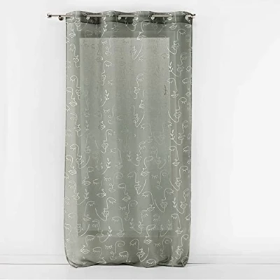 Image de douceur d&#039;intérieur, Voilage à Oeillets (140 x 240 cm) Arty Line Kaki/Argent, Voile Sablé Imprimé Métallisé