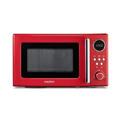Image de MEDION micro ondes rétro (20 litres, env. 800 watts, 5 niveaux de ondes, affichage numérique, fonction décongélation, compact) rouge