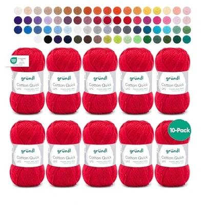 Image de Gründl Fil à Tricoter/Crocheter Cotton Quick Uni, 10 pelotes de 50 g (Fil aux Couleurs joyeuses 100% Coton, certifié Oeko TEX, / 125 m, grosseur d&#039;aiguilles : 3 4, x g), Red