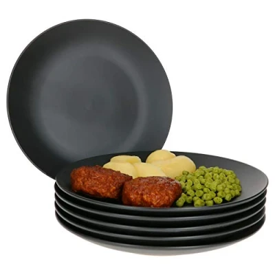 Image de MamboCat Nagano Lot de 6 Assiettes plates noires en grès robuste pour personnes Design décontracté et intemporel style ethnique moderne faïence noire mate
