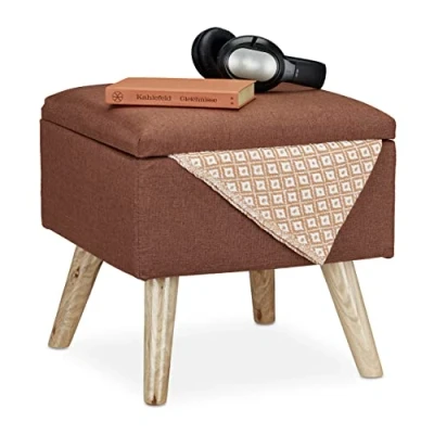 Image de Relaxdays 10029605_93 Tabouret avec Espace de Rangement, rembourré Lin Artificiel, Pieds en Bois, Couvercle, HlP 40x40x40cm,Marron, MDF, Tissu, 1