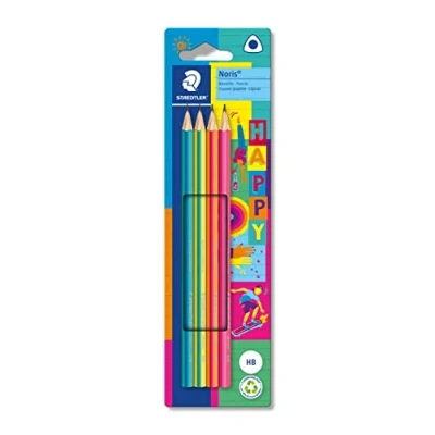 Image de STAEDTLER Noris Happy 118 BK4 HA crayons triangulaires à rayures colorées haute résistance la rupture Dureté HB 4 dans carte de suspension