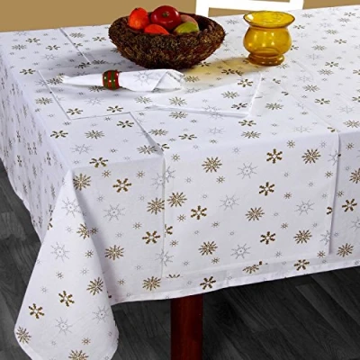 Image de HOMESCAPES Nappe de Noël Blanche, Table en Coton à Motif Flocons Neige, 137 x 178 cm