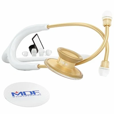 Image de MDF Acoustica, Stéthoscope à double pavillon Léger Pour médecins, infirmières, étudiants, soins domicile Tubulure blanc, Lyre or MDF747XPK29