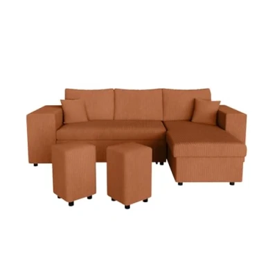 Image de LOUNGITUDE Canapé d&#039;angle Mady Convertible avec Coffre, 2 poufs et étagère en Velours côtelé Terracotta