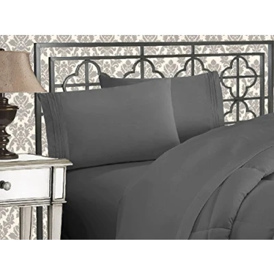 Image de Elegant Comfort Parure de lit Douce 4 pièces en Microfibre qualité hôtelière 1500 avec Broderie à Trois Lignes, résistante aux Plis et la décoloration, pour Simple/lit Simple XL, Gris